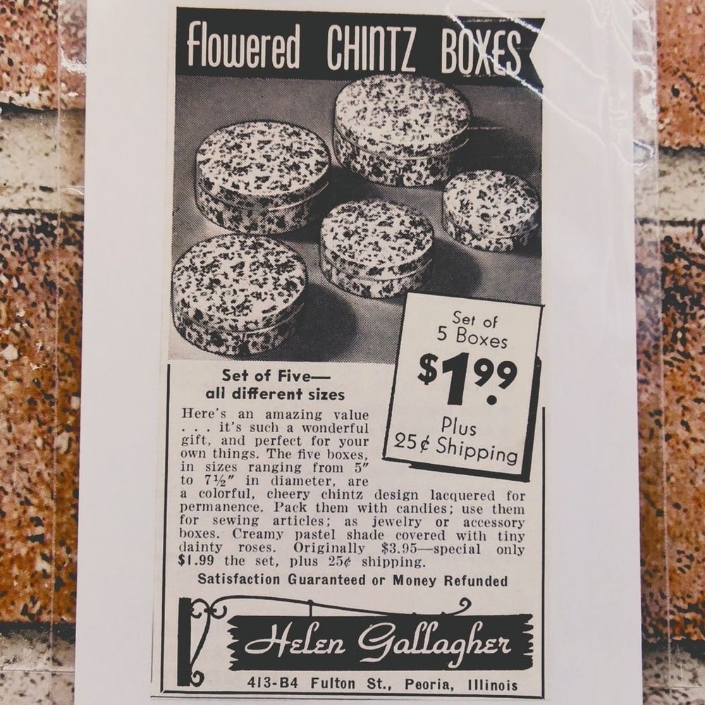 1956 Helen‎ Gallagher Flowered Chintz Boxes Peoria Illinois - Orig Vtg Print Ad